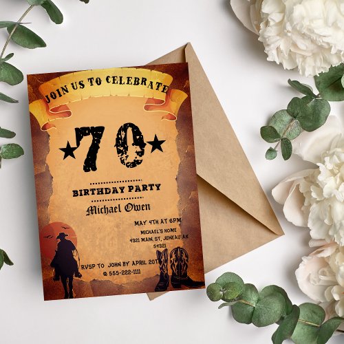 70th birthday cowboy old paper horse riding party invitation