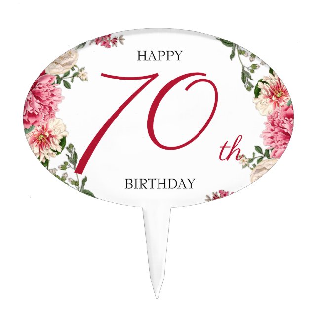 70th Birthday Custom Classy Red Floral Botanical  Cake Topper (Front)