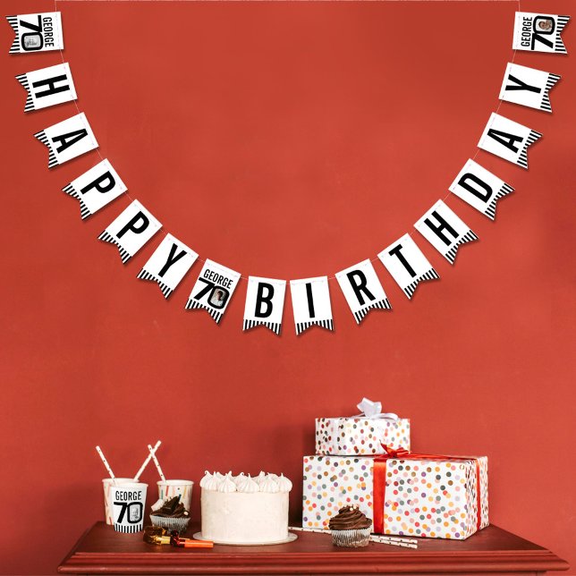 70th Birthday custom photo black white Bunting Flags (Creator Uploaded)