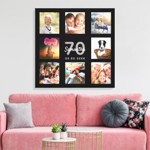 70th birthday custom photo collage black monogram canvas print