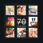 70th birthday custom photo collage black monogram canvas print<br><div class="desc">A unique 70th birthday gift or keepsake, celebrating her life with a collage of 8 of your photos. Add images of her family, friends, pets, hobbies or dream travel destination. Personalize and add a name, age 70 and a date. Gray and white colored letters. A chic black background. This canvas...</div>