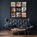 70th birthday custom photo collage black monogram faux canvas print<br><div class="desc">A unique 70th birthday gift or keepsake, celebrating her life with a collage of 8 of your photos. Add images of her family, friends, pets, hobbies or dream travel destination. Personalize and add a name, age 70 and a date. White and gray colored letters. A chic black background. This canvas...</div>