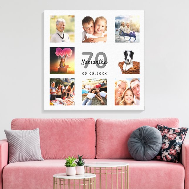 70th birthday custom photo collage white monogram canvas print (Insitu(LivingRoom))