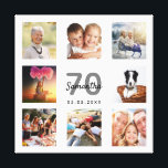 70th birthday custom photo collage white monogram canvas print<br><div class="desc">A unique 70th birthday gift or keepsake, celebrating her life with a collage of 8 of your photos. Add images of her family, friends, pets, hobbies or dream travel destination. Personalize and add a name, age 70 and a date. Gray and black colored letters. A chic white background. This canvas...</div>