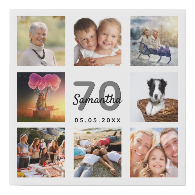 70th birthday custom photo collage white monogram faux canvas print (Front)