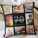 70th birthday custom photo collage woman black throw pillow<br><div class="desc">A unique gift for a womans 70th birthday, celebrating her life with a collage of 8 of your own photos, pictures. Personalize and add her name, age 70 and a date. A chic black background. Gray and white letters and numbers. The name is written with a modern hand lettered style...</div>