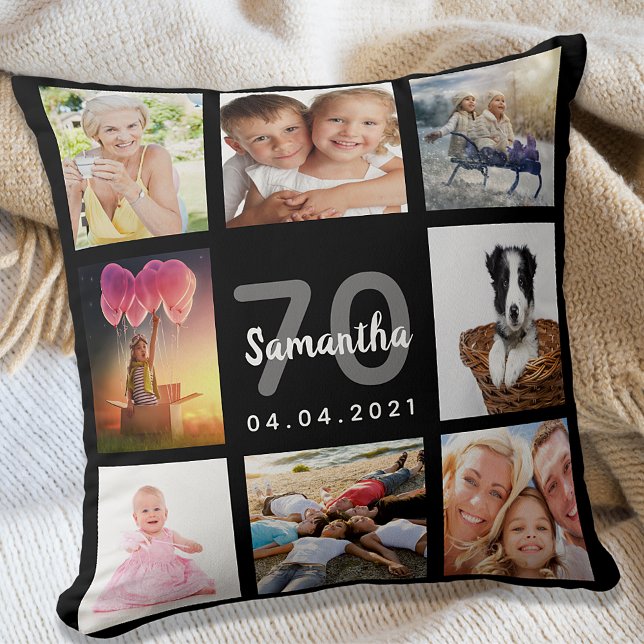 70th birthday custom photo collage woman black throw pillow (Creator Uploaded)