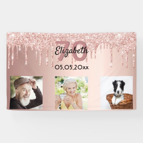 70th birthday custom photo rose gold pink glitter banner