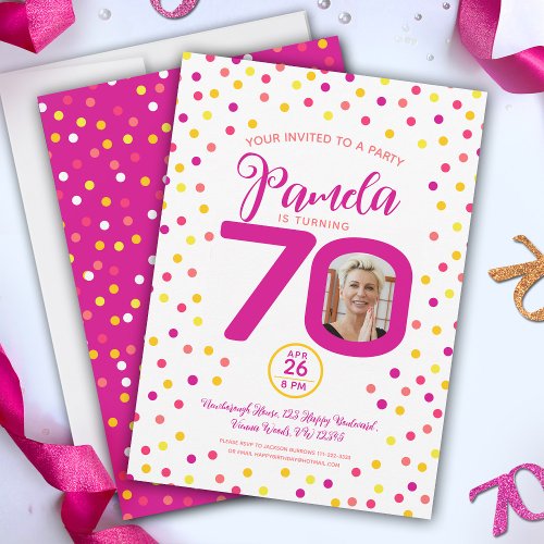 70th birthday custom photos pink yellow confetti invitation