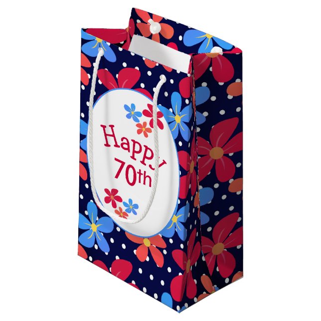 70th Birthday Daisies On Polka Dots  Small Gift Bag (Front Angled)