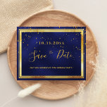 70th birthday dark blue gold save the date postcard<br><div class="desc">A Save the Date card for a 70th birthday party for a guy, man, male. A dark blue background decorated with golden confetti and a faux gold and black frame. The blue color is uneven. Templates for a date and name/age 70. Golden colored letters. The text: Save the Date is...</div>