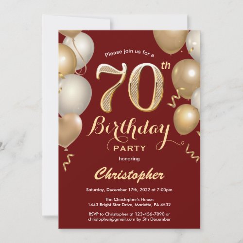 70th Birthday Dark Red and Gold Balloons Confetti Invitation