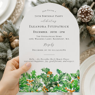 70th Birthday December Birth Flower Holly Arch Invitation