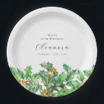 70th Birthday December Birth Flower Holly Custom Paper Plates<br><div class="desc">Perfect table decor for a December birthday party. Holly is the birth flower for that month. It forms a pretty watercolor bottom border on this festive personalized round paper plate. The birthday celebrant's name,  age and birthdate are placed above it using elegant calligraphy and typography. All text is editable.</div>