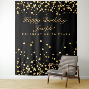 70Th Birthday Decor, Black And Gold Photobooth Tapestry