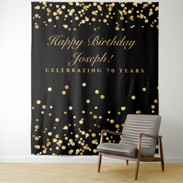 70Th Birthday Decor, Black And Gold Photobooth Tapestry (In Situ)