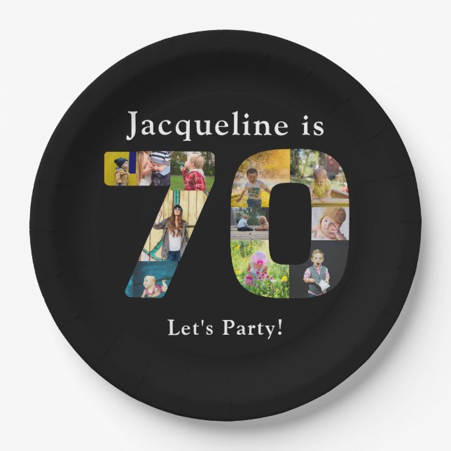 70th Birthday Design Your own Photo Collage Black Paper Plates (Front)