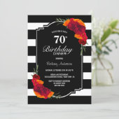 70th Birthday Dinner Black White Striped Floral Invitation (Standing Front)