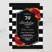70th Birthday Dinner Black White Striped Floral Invitation (Front/Back)