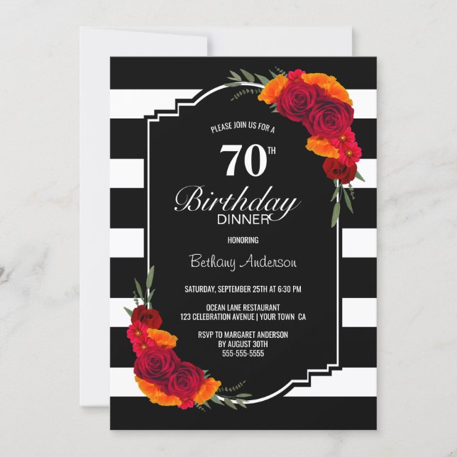 70th Birthday Dinner Black White Striped Floral Invitation (Front)
