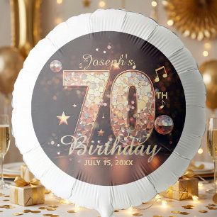 70th Birthday Disco Ball Music Notes Gold Glitter Balloon