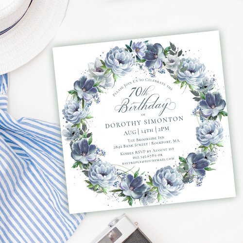 70th Birthday Dusty Blue Flower Wreath Invitation