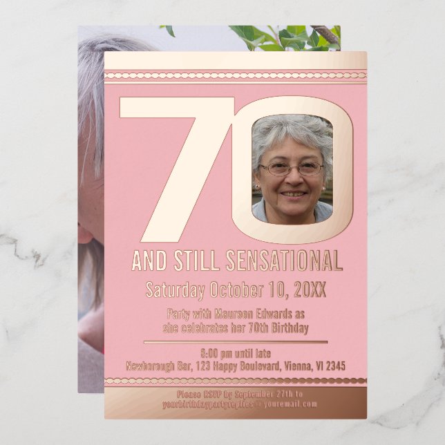 70th birthday dusty pink and rose gold foil invitation (Front/Back)