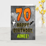 70th Birthday: Eerie Halloween Theme   Custom Name Card<br><div class="desc">The front of this spooky and scary Hallowe’en themed birthday greeting card design features a large number “70”. It also features the message “HAPPY BIRTHDAY, ”, and an editable name. There are also depictions of a ghost and a bat on the front. The inside features a personalized birthday greeting message,...</div>