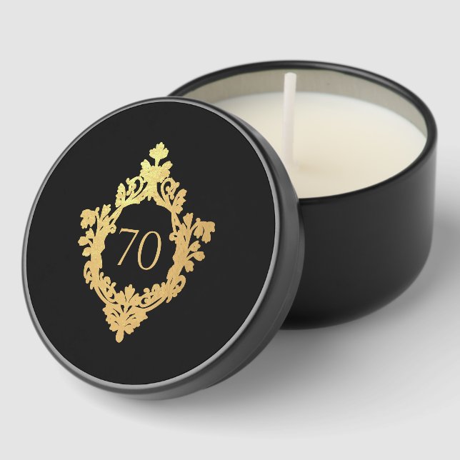 70th Birthday Elegant Black Faux Gold Crest Ornate Mini Candle Favors (Corner)