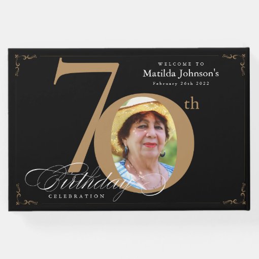 70th Birthday Elegant Black Gold Calligraphy Guest Book | Zazzle