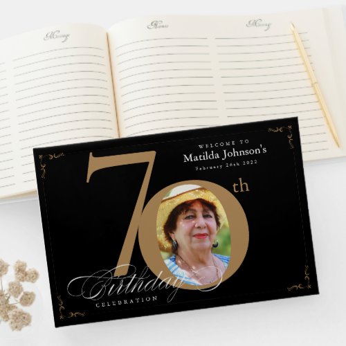 70th Birthday Elegant Black Gold Calligraphy Guest Book
