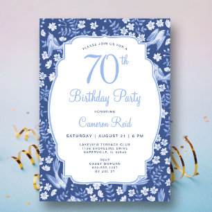 70th Birthday Elegant Blue Floral Feminine Bird Invitation