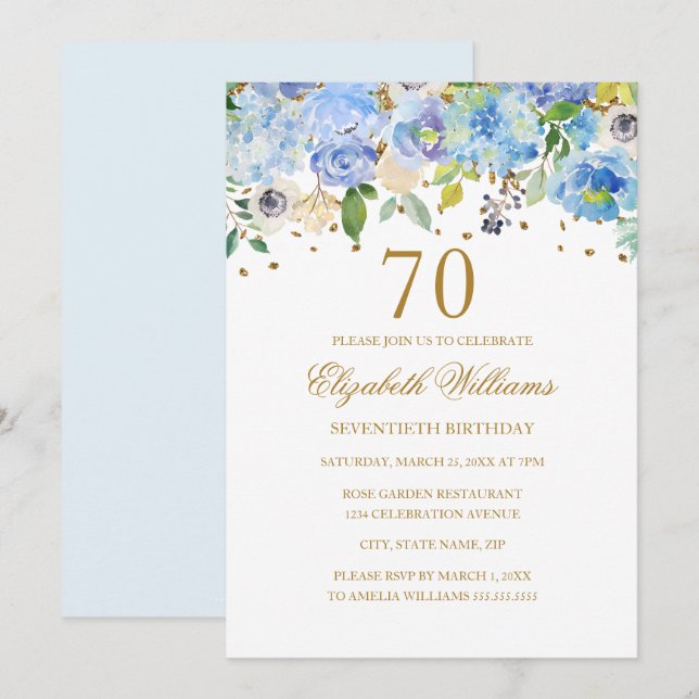 70th Birthday Elegant Blue Gold Floral Invitation (Front/Back)