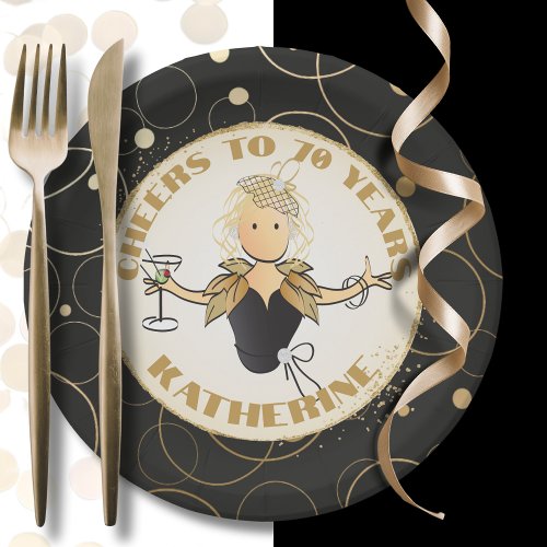 70th Birthday Elegant Bold Cheers to 70 Gold Black Paper Plates