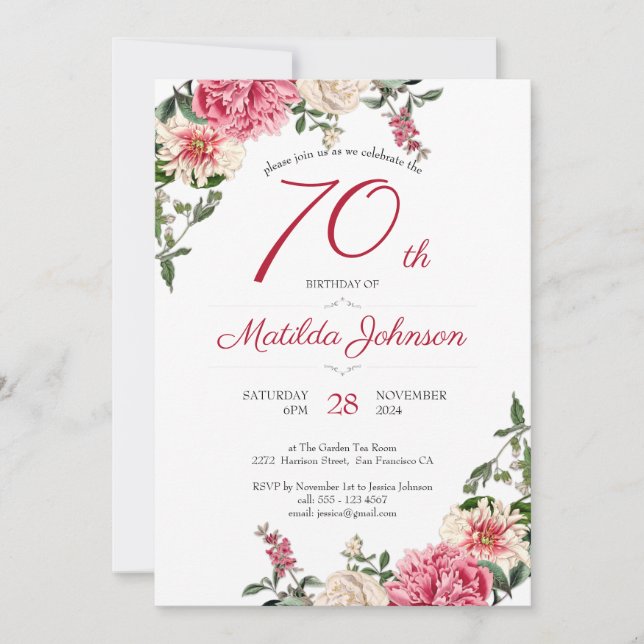 70th Birthday Elegant Floral Pink Red Custom Party Invitation (Front)