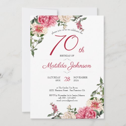 70th Birthday Elegant Floral Pink Red Custom Party Invitation