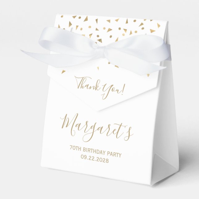 70th Birthday Elegant Gold Confetti White Favor Boxes (Front Side)