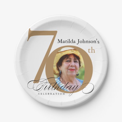 70th Birthday Elegant Gold White Calligraphy Photo Paper Plates