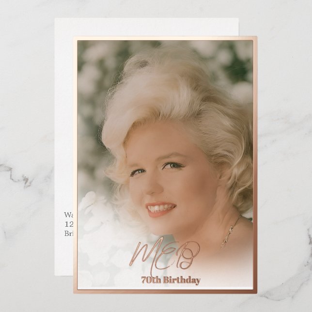 70th Birthday Elegant Monogram Photo Birthday  Foil Invitation (Front/Back)