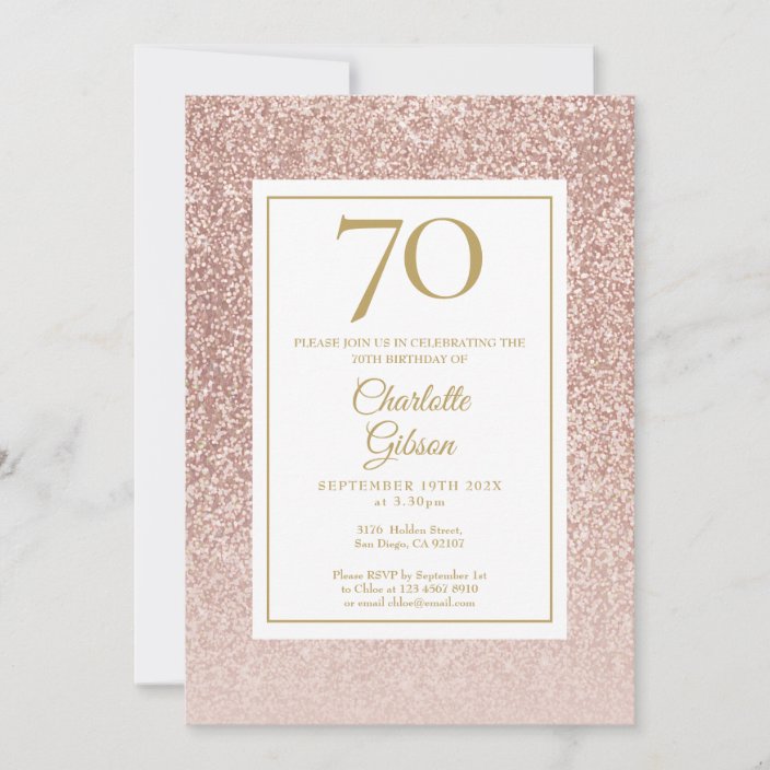 70th Birthday Elegant Rose Gold Glitter Invitation | Zazzle.com