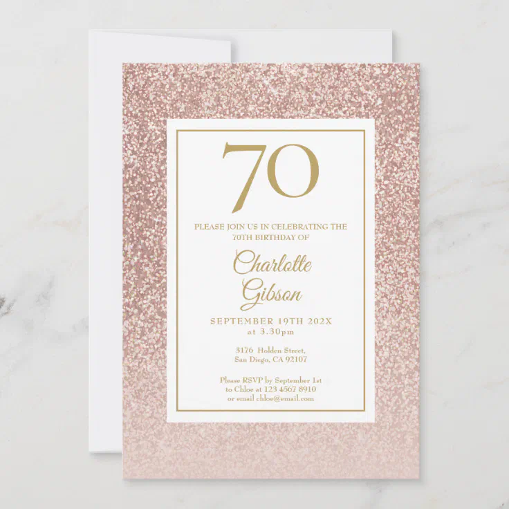 70th Birthday Elegant Rose Gold Glitter Invitation | Zazzle