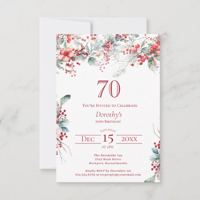 70th Birthday Elegant Winter Berry Botanical Invitation (Front)