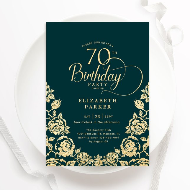 70th Birthday Emerald Green Gold Roses Invitation (Creator Uploaded)
