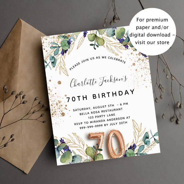 70th birthday eucalyptus greenery glitter elegant invitation postcard (Creator Uploaded)
