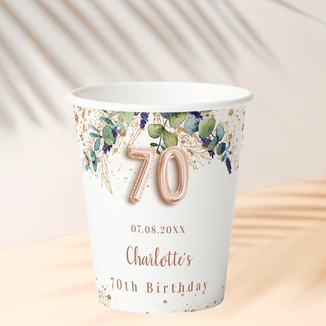 70th birthday eucalyptus greenery glitter name paper cups (Creator Uploaded)