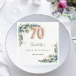 70th Birthday eucalyptus greenery name Napkins<br><div class="desc">For an elegant 70th birthday party. A white background. Decorated with green watercolored eucalyptus leaves,  sprigs,  greenery,  golden leaves.  Personalize and add a name and a date. Number 70 is written with a balloon style font.</div>