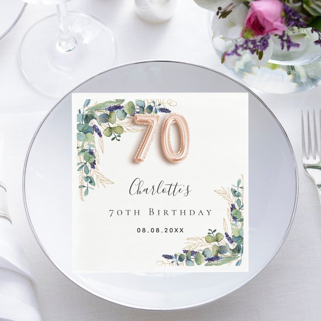 70th Birthday eucalyptus greenery name Napkins (Creator Uploaded)