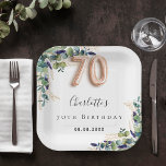 70th Birthday eucalyptus greenery name Paper Plates<br><div class="desc">For an elegant 70th birthday party. A white background. Decorated with green watercolored eucalyptus leaves,  sprigs,  greenery,  golden leaves.  Personalize and add a name and a date. Number 70 is written with a balloon style font.</div>