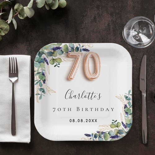 70th Birthday eucalyptus greenery name Paper Plates