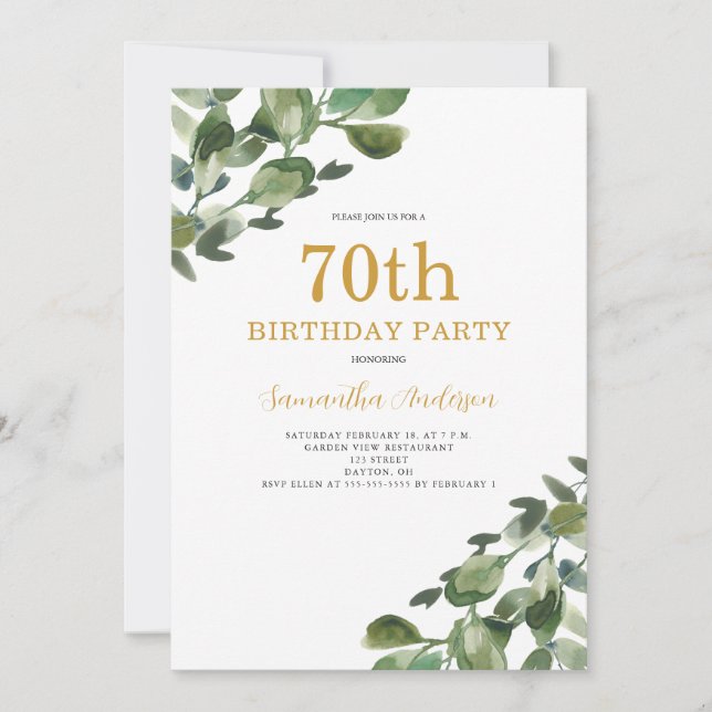70th Birthday Eucalyptus Watercolor Gold Script Invitation (Front)